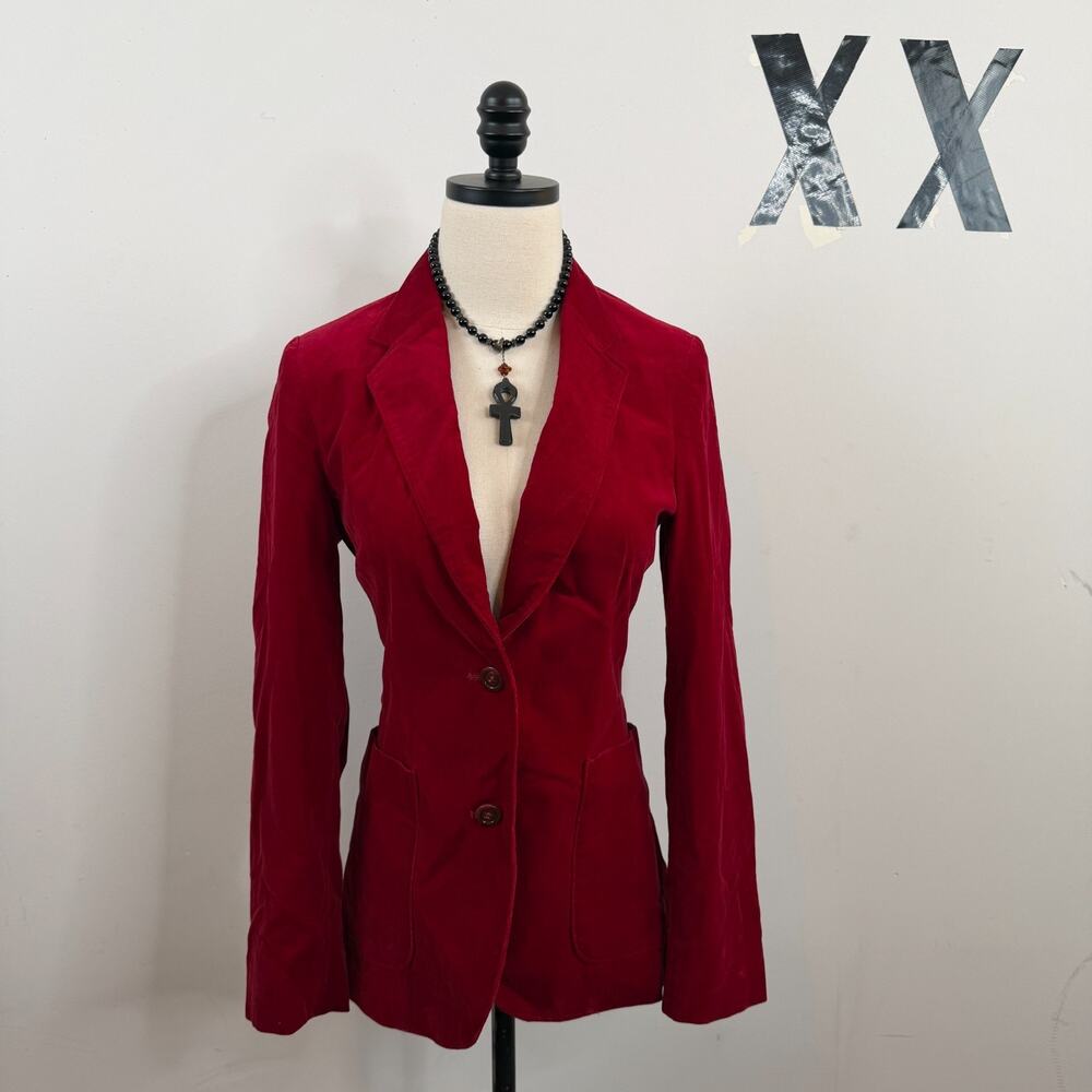 Vintage 80s Demura True Red Cotton Velvet Notch Collar Tailored Overcoat Japan 8